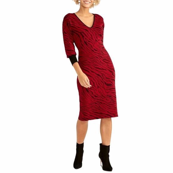 Rachel Roy Womens Sweater Dress Bernadette Knit Fitted Red Tiger Animal Print XS - Picture 2 of 12